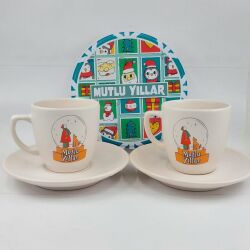 KAR KÜRESİ MUTLU YILLAR-SİLİNDİR METAL KUTU - İKİLİ TÜRK KAHVESİ FİNCANI TRANSPARAN SAP - 