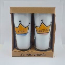 KİNG -TAÇLI & QUEEN-TAÇLI-İKİLİ RAKI BARDAĞI - ŞEFFAF - 