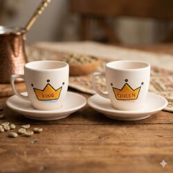 KİNG -TAÇLI & QUEEN-TAÇLI-İKİLİ TÜRK KAHVESİ FİNCANI - TRANSPARAN - 