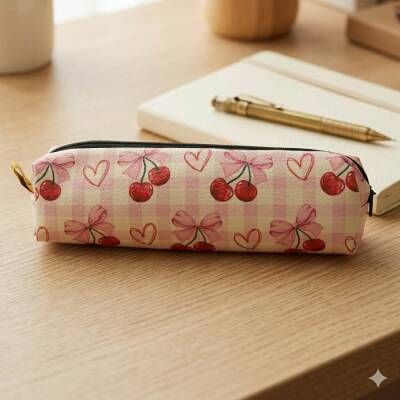 KİRAZLAR PEMBE KURDELE-DERİ KALEM KUTU - TEKLİ - 1