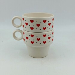 KIRMIZI BENEKLİ KALPLER SARMAL-İKİLİ ESPRESSO BARDAĞI - TRANSPARAN - 