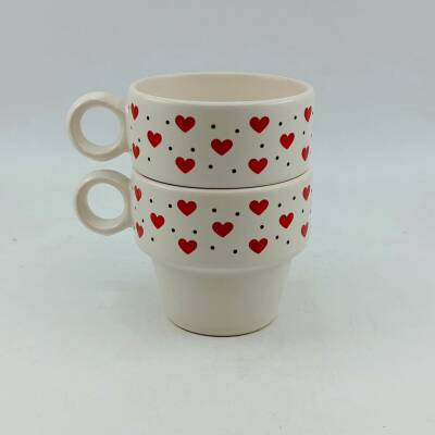 KIRMIZI BENEKLİ KALPLER SARMAL-İKİLİ ESPRESSO BARDAĞI - TRANSPARAN - 1