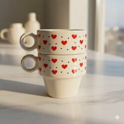 KIRMIZI BENEKLİ KALPLER SARMAL-İKİLİ ESPRESSO BARDAĞI - TRANSPARAN - 