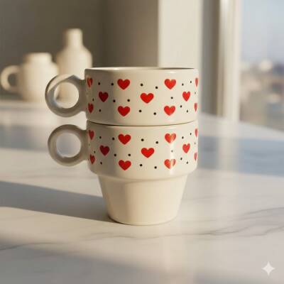 KIRMIZI BENEKLİ KALPLER SARMAL-İKİLİ ESPRESSO BARDAĞI - TRANSPARAN - 1