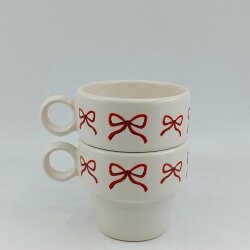 KIRMIZI EL ÇİZİMİ KURDELE-İKİLİ ESPRESSO BARDAĞI - TRANSPARAN - 