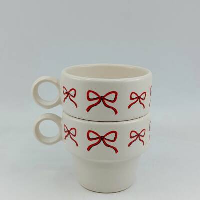 KIRMIZI EL ÇİZİMİ KURDELE-İKİLİ ESPRESSO BARDAĞI - TRANSPARAN - 1