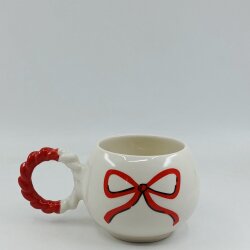 KIRMIZI EL ÇİZİMİ KURDELE-ÖRGÜLÜ BALONCUK KUPA - KIRMIZI SAP - 