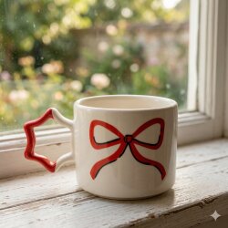 KIRMIZI EL ÇİZİMİ KURDELE-YILDIZ KUPA - KIRMIZI SAP - 