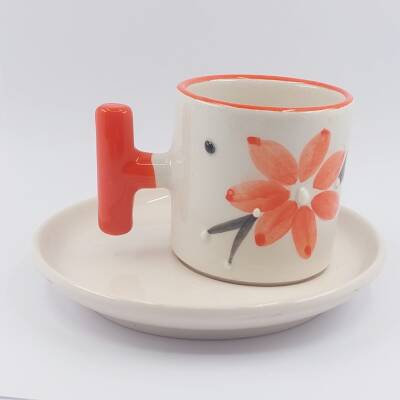 KIRMIZI FIRÇA DARBELİ ÇİÇEK - 3D-T TÜRK KAHVESİ FİNCANI - 3D - 1