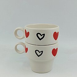 KIRMIZI KALP SİYAH BENEK-İKİLİ ESPRESSO BARDAĞI - TRANSPARAN - 