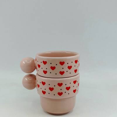 KIRMIZI KALP SİYAH BENEK-İKİLİ PUNTO ESPRESSO - PEMBE SAP PEMBE GÖVDE - 1