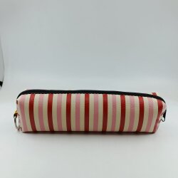 KIRMIZI KREM PEMBE ÇİZGİLİ-DERİ KALEM KUTU - TEKLİ - 