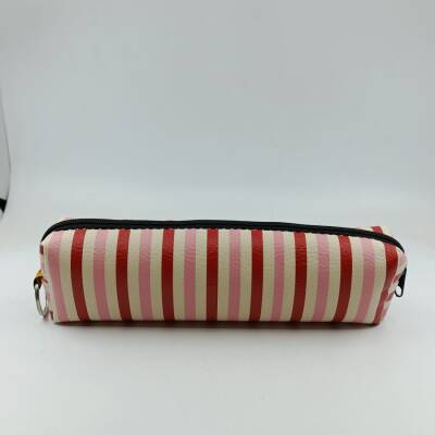 KIRMIZI KREM PEMBE ÇİZGİLİ-DERİ KALEM KUTU - TEKLİ - 1
