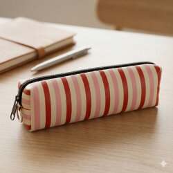 KIRMIZI KREM PEMBE ÇİZGİLİ-DERİ KALEM KUTU - TEKLİ - 