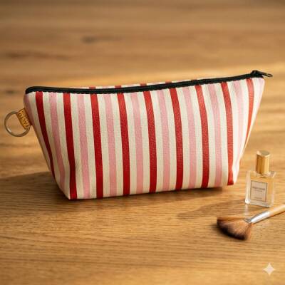 KIRMIZI KREM PEMBE ÇİZGİLİ-MAKYAJ ÇANTASI - TEKLİ - 1