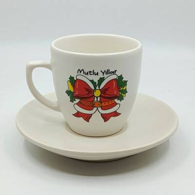 KIRMIZI KURDELE MUTLU YILLAR-KLASİK TÜRK KAHVESİ FİNCANI - TRANSPARAN GÖVDE - 1