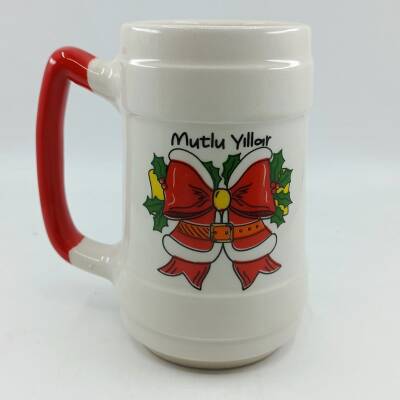 KIRMIZI KURDELE MUTLU YILLAR-SERAMİK BİRA BARDAĞI - KIRMIZI SAP - 1