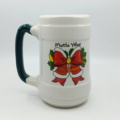 KIRMIZI KURDELE MUTLU YILLAR-SERAMİK BİRA BARDAĞI - YEŞİL SAP - 1