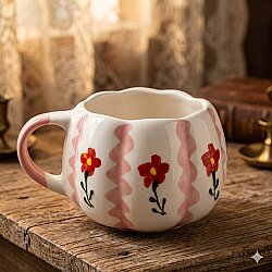 KIRMIZI PEMBE DETAYLI PAPATYALAR - 3D-ÇİÇEK KUPA - 3D - 