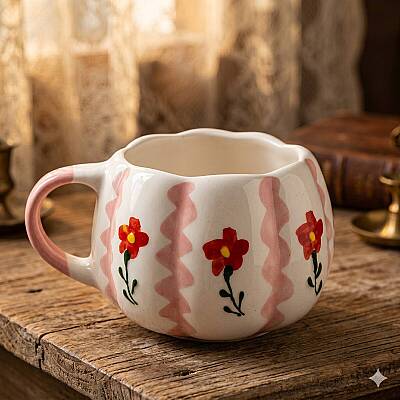 KIRMIZI PEMBE DETAYLI PAPATYALAR - 3D-ÇİÇEK KUPA - 3D - 1