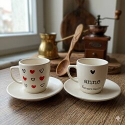 KIRMIZI SİYAH KALPLER & ANNE FAVORİMSİN-İKİLİ TÜRK KAHVESİ FİNCANI - TRANSPARAN - 