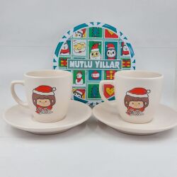 KÜÇÜK KIZ MUTLU YILLAR-SİLİNDİR METAL KUTU - İKİLİ TÜRK KAHVESİ FİNCANI TRANSPARAN SAP - 