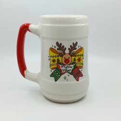 KURDELE GEYİK MUTLU YILLAR-SERAMİK BİRA BARDAĞI - KIRMIZI SAP - 