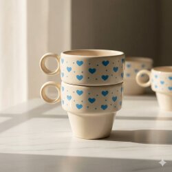 MAVİ BENEKLİ KALPLER SARMAL-İKİLİ ESPRESSO BARDAĞI - TRANSPARAN - 