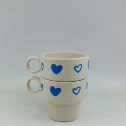 MAVİ BEYAZ KALPLER-İKİLİ ESPRESSO BARDAĞI - TRANSPARAN - 