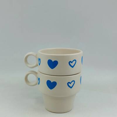 MAVİ BEYAZ KALPLER-İKİLİ ESPRESSO BARDAĞI - TRANSPARAN - 1