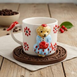 MAVİ ELBİSELİ ÇİÇEKLİ AYICIK - 3D-3D KABARTMA KUPA - 3D AYICIK KIRMIZI KURDELELİ SAP - 