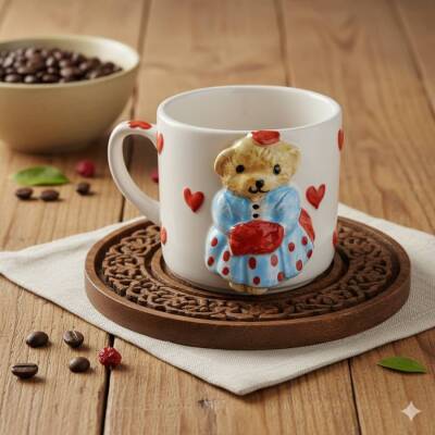 MAVİ ELBİSELİ KIRMIZI KALPLİ AYICIK - 3D-3D KABARTMA KUPA - 3D AYICIK - 1