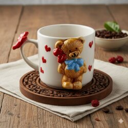 MAVİ PAPYON KIRMIZI KALP BEBEK AYICIK - 3D-3D KABARTMA KUPA - 3D AYICIK - 