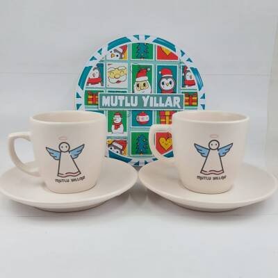 MELEK MUTLU YILLAR-SİLİNDİR METAL KUTU - İKİLİ TÜRK KAHVESİ FİNCANI TRANSPARAN SAP - 1