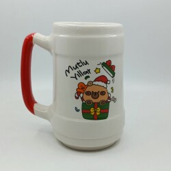 MİNİK AYICIK HEDİYE MUTLU YILLAR-SERAMİK BİRA BARDAĞI - KIRMIZI SAP - 