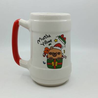 MİNİK AYICIK HEDİYE MUTLU YILLAR-SERAMİK BİRA BARDAĞI - KIRMIZI SAP - 1