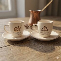 MUHABBETİN KRALI & MUHABBETİN KRALİÇESİ-İKİLİ TÜRK KAHVESİ FİNCANI - TRANSPARAN - 