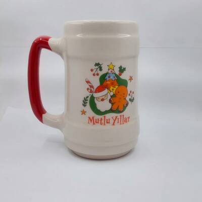 NEOL ÇAM AĞACI KURABİYE ADAM MUTLU YILLAR-SERAMİK BİRA BARDAĞI - KIRMIZI SAP - 1