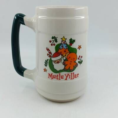 NEOL ÇAM AĞACI KURABİYE ADAM MUTLU YILLAR-SERAMİK BİRA BARDAĞI - YEŞİL SAP - 1