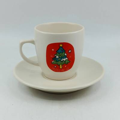 NOEL AĞAÇ KIRMIZI FON MUTLU YILLAR-KLASİK TÜRK KAHVESİ FİNCANI - TRANSPARAN GÖVDE - 1