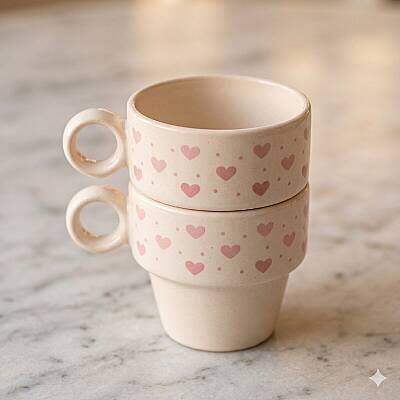 PEMBE BENEKLİ KALPLER SARMAL-İKİLİ ESPRESSO BARDAĞI - TRANSPARAN - 1