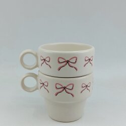 PEMBE EL ÇİZİMİ KURDELE-İKİLİ ESPRESSO BARDAĞI - TRANSPARAN - 