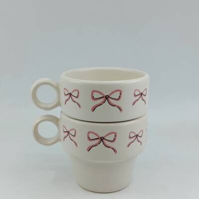 PEMBE EL ÇİZİMİ KURDELE-İKİLİ ESPRESSO BARDAĞI - TRANSPARAN - 1