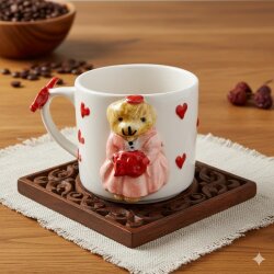 PEMBE ELBİSELİ KIRMIZI KALPLİ AYICIK - 3D-3D KABARTMA KUPA - 3D AYICIK KIRMIZI KURDELELİ SAP - 