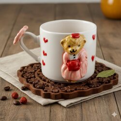 PEMBE ELBİSELİ KIRMIZI KALPLİ AYICIK - 3D-3D KABARTMA KUPA - 3D AYICIK PEMBE KURDELELİ SAP - 