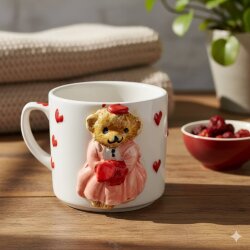 PEMBE ELBİSELİ KIRMIZI ŞAPKALI AYICIK - 3D-3D KABARTMA KUPA - 3D AYICIK - 