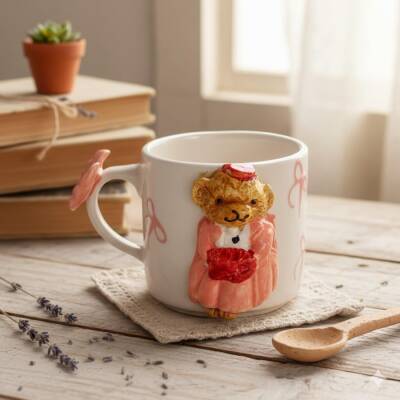 PEMBE ELBİSELİ PEMBE ŞAPKALI AYICIK - 3D-3D KABARTMA KUPA - 3D AYICIK PEMBE KURDELELİ SAP - 1