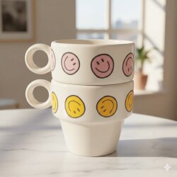 PEMBE GÜLEN YÜZLER & TURUNCU GÜLEN YÜZLER -İKİLİ ESPRESSO BARDAĞI - TRANSPARAN - 