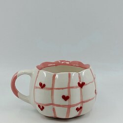 PEMBE KARELİ KIRMIZI KALPLER-ÇİÇEK KUPA - 3D - 