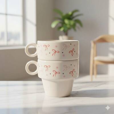 PEMBE KIRMIZI KURDELELER-İKİLİ ESPRESSO BARDAĞI - TRANSPARAN - 1